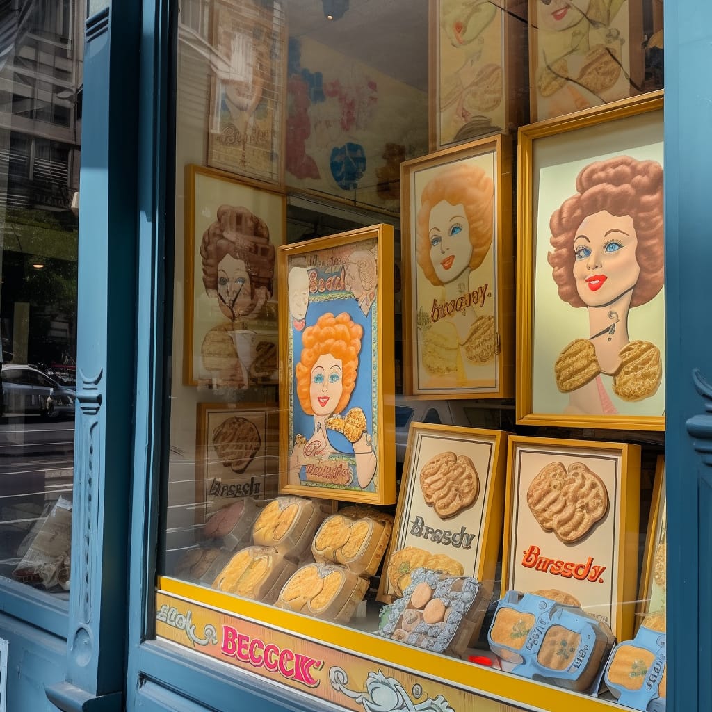 Peggy Babcock's Bag'o'Biscuits in a shop window